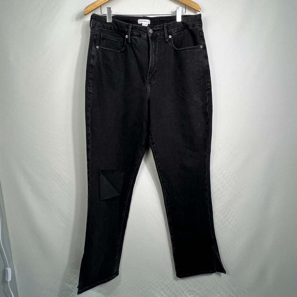 Good American Good Legs Straight Jeans Black Distressed Side Slit 14/32 GB345BT